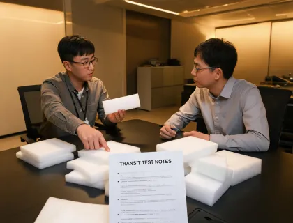Packaging engineer reviewing foam samples