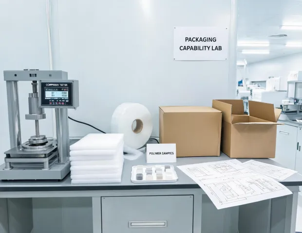 Packaging capability lab with foam and polymer samples